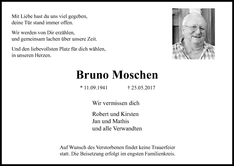  Traueranzeige für Bruno Moschen vom 31.05.2017 aus Kölner Stadt-Anzeiger / Kölnische Rundschau / Express