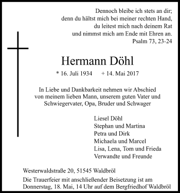 Anzeige von Hermann Döhl von Kölner Stadt-Anzeiger / Kölnische Rundschau / Express