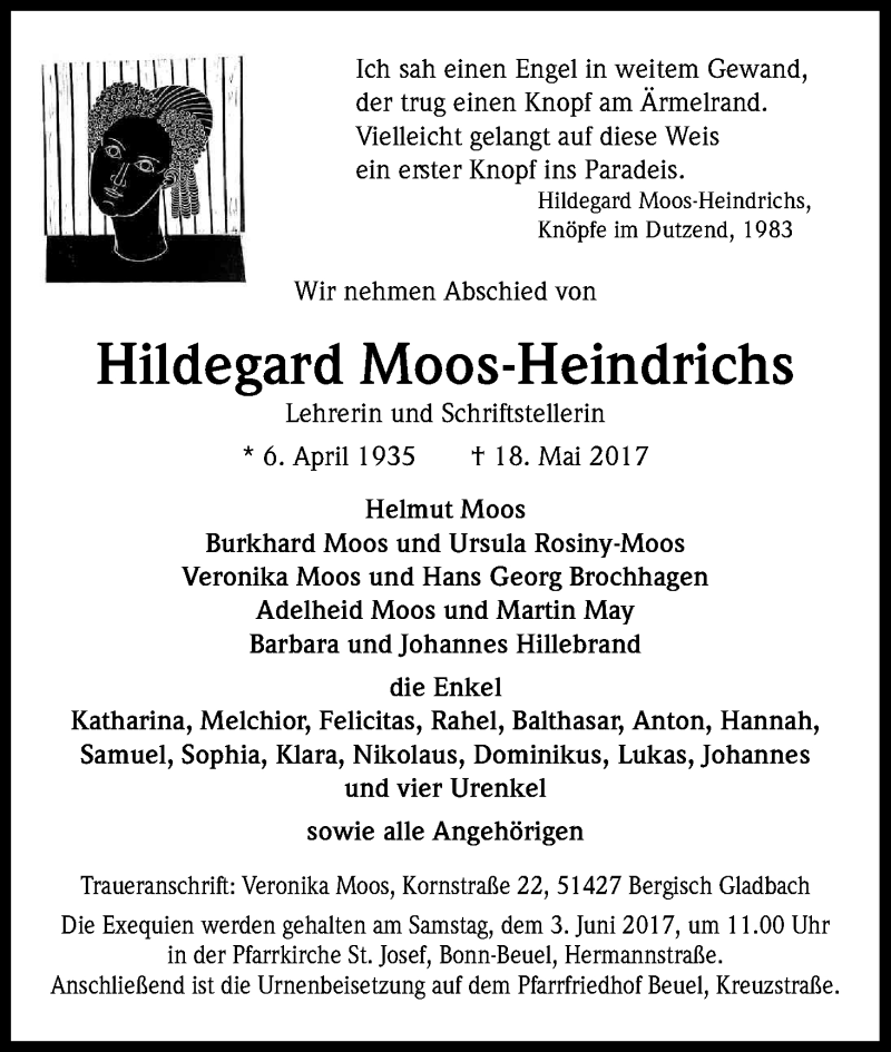  Traueranzeige für Hildegard Moos-Heindrichs vom 27.05.2017 aus Kölner Stadt-Anzeiger / Kölnische Rundschau / Express