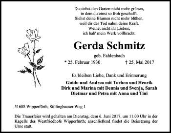 Anzeige von Gerda Schmitz von Kölner Stadt-Anzeiger / Kölnische Rundschau / Express