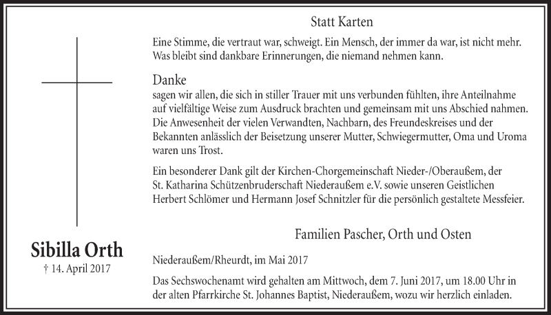  Traueranzeige für Sibilla Orth vom 27.05.2017 aus  Sonntags-Post 