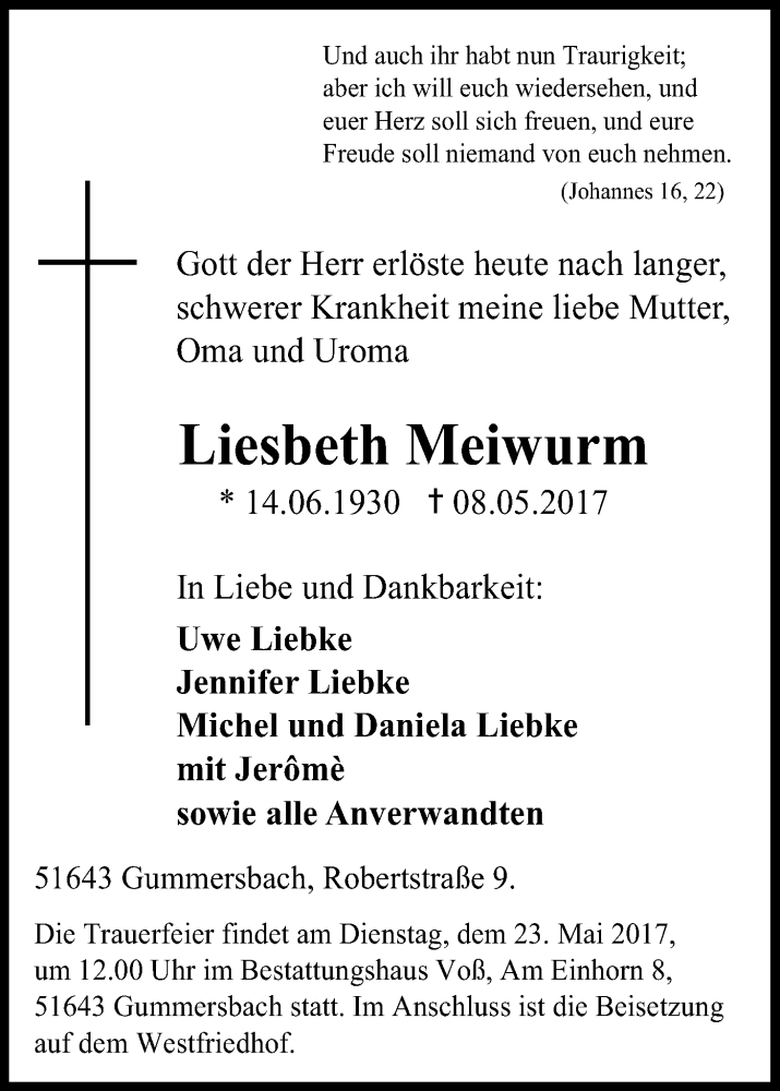  Traueranzeige für Liesbeth Meiwurm vom 13.05.2017 aus Kölner Stadt-Anzeiger / Kölnische Rundschau / Express