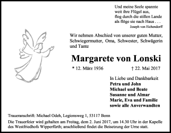 Anzeige von Margarete von Lonski von Kölner Stadt-Anzeiger / Kölnische Rundschau / Express