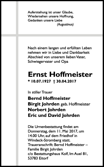 Anzeige von Ernst Hoffmeister von Kölner Stadt-Anzeiger / Kölnische Rundschau / Express