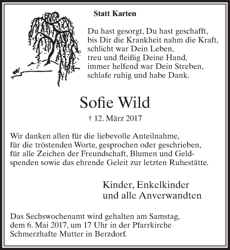  Traueranzeige für Sofie Wild vom 03.05.2017 aus  Schlossbote/Werbekurier 