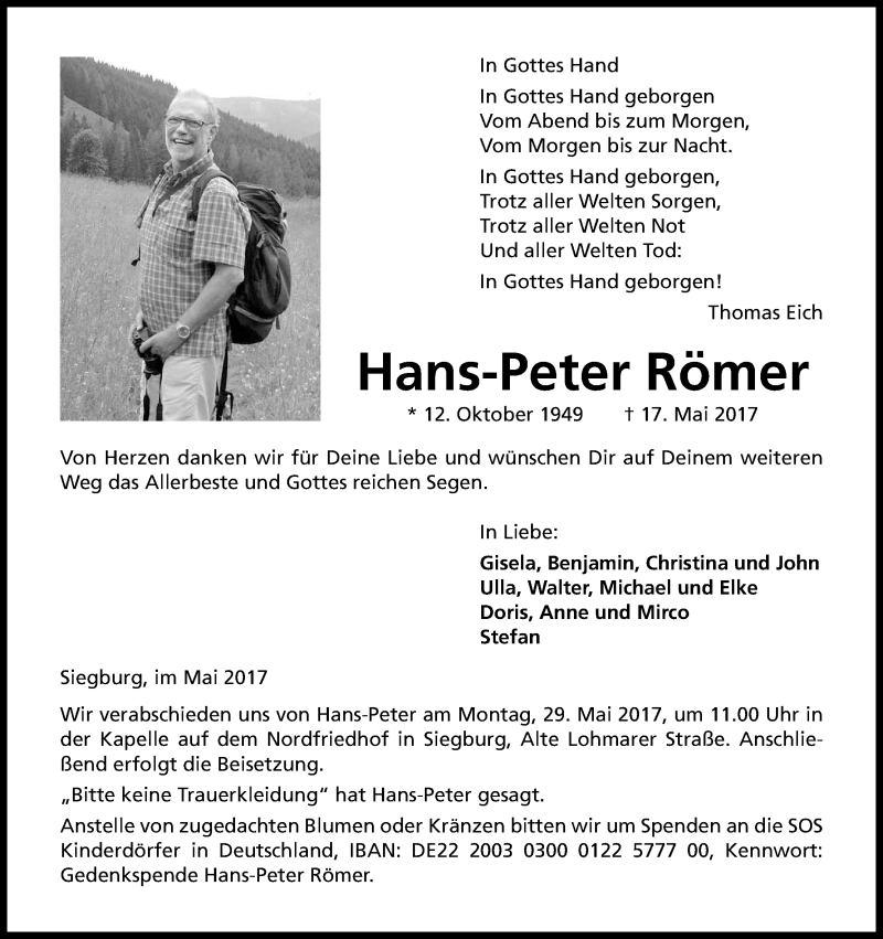 Traueranzeige für Hans-Peter Römer vom 24.05.2017 aus Kölner Stadt-Anzeiger / Kölnische Rundschau / Express