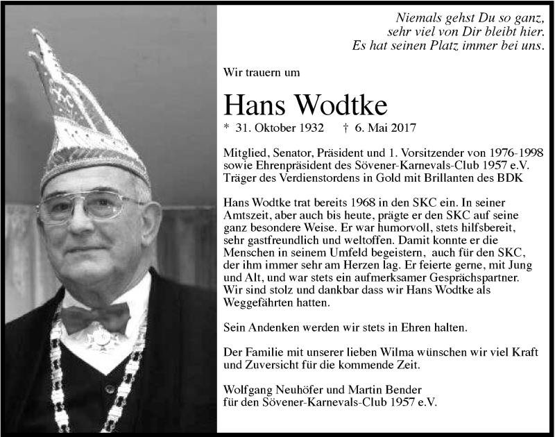  Traueranzeige für Hans Wodtke vom 17.05.2017 aus  Extra Blatt 