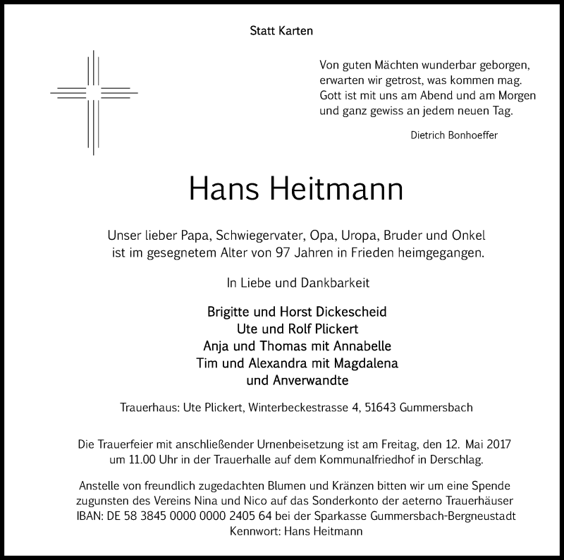  Traueranzeige für Hans Heitmann vom 06.05.2017 aus Kölner Stadt-Anzeiger / Kölnische Rundschau / Express