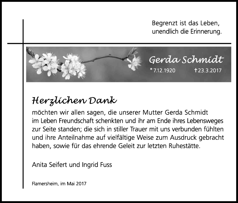  Traueranzeige für Gerda Schmidt vom 27.05.2017 aus Kölner Stadt-Anzeiger / Kölnische Rundschau / Express