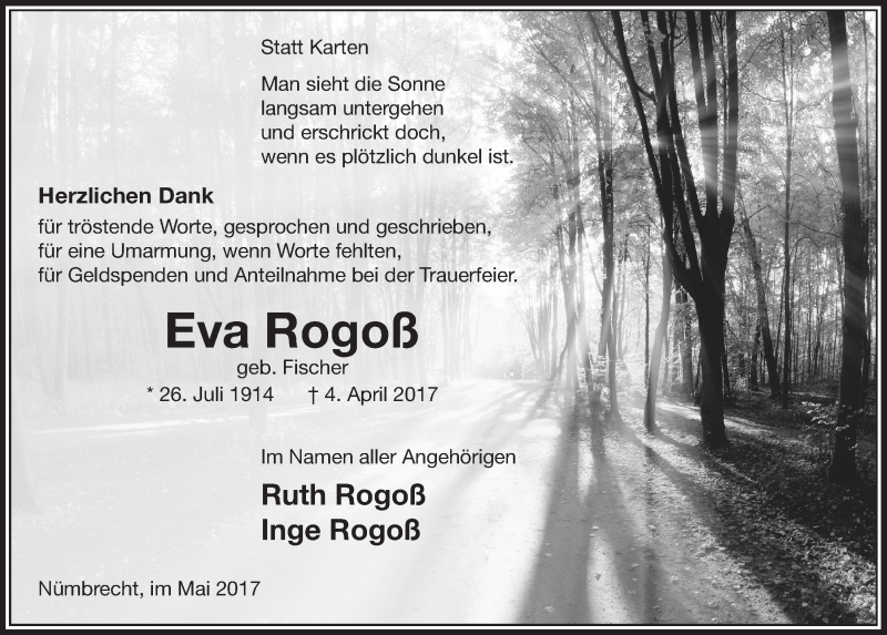  Traueranzeige für Eva Rogoß vom 24.05.2017 aus  Lokalanzeiger 