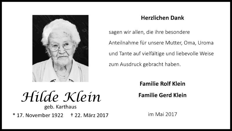  Traueranzeige für Hilde Klein vom 03.05.2017 aus Kölner Stadt-Anzeiger / Kölnische Rundschau / Express