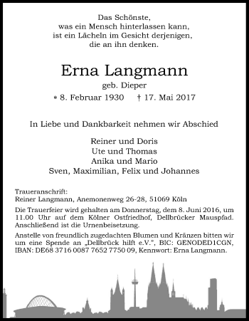 Anzeige von Erna Langmann von Kölner Stadt-Anzeiger / Kölnische Rundschau / Express