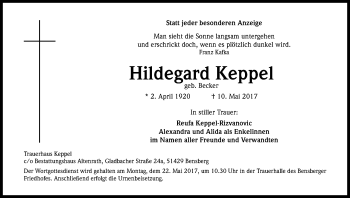 Anzeige von Hildegard Keppel von Kölner Stadt-Anzeiger / Kölnische Rundschau / Express