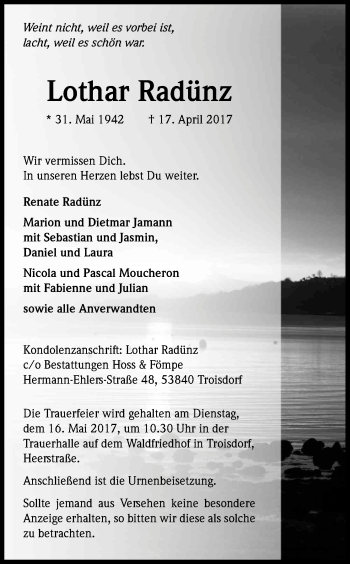 Anzeige von Lothar Radünz von Kölner Stadt-Anzeiger / Kölnische Rundschau / Express