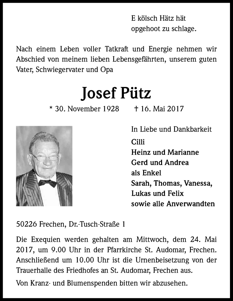  Traueranzeige für Josef Pütz vom 20.05.2017 aus Kölner Stadt-Anzeiger / Kölnische Rundschau / Express