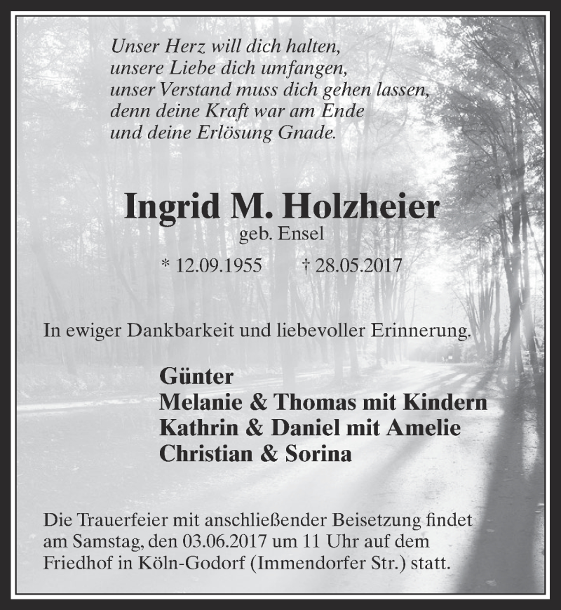  Traueranzeige für Ingrid M. Holzheier vom 31.05.2017 aus  Kölner Wochenspiegel 