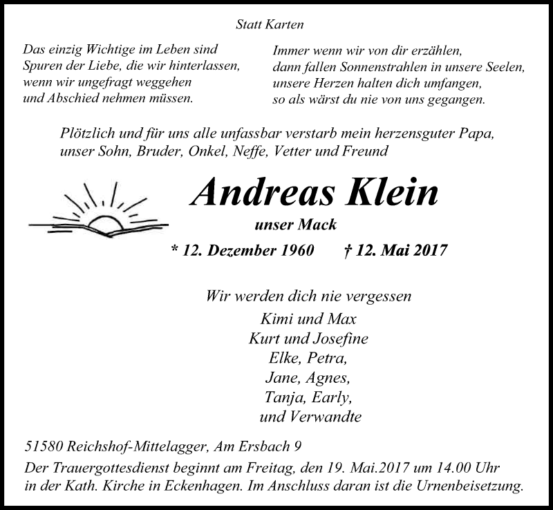  Traueranzeige für Andreas ´Mack´ Klein vom 17.05.2017 aus Kölner Stadt-Anzeiger / Kölnische Rundschau / Express