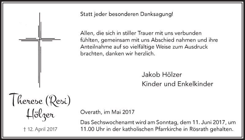  Traueranzeige für Therese Hölzer vom 31.05.2017 aus  Bergisches Handelsblatt 