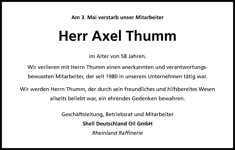  Traueranzeige für Axel Thumm vom 19.05.2017 aus Kölner Stadt-Anzeiger / Kölnische Rundschau / Express
