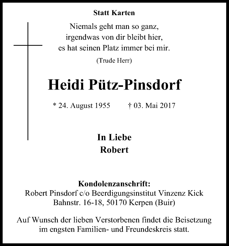  Traueranzeige für Heidi Pütz-Pinsdorf vom 06.05.2017 aus Kölner Stadt-Anzeiger / Kölnische Rundschau / Express