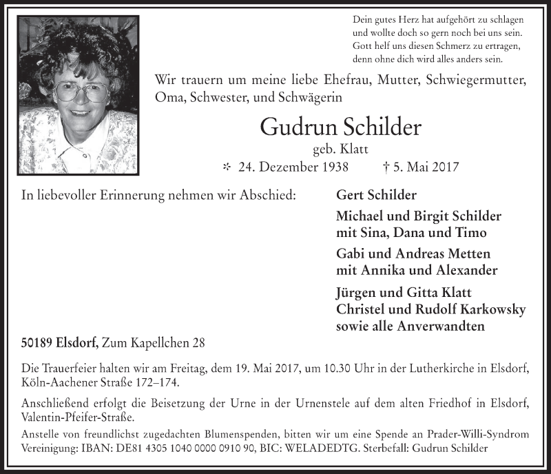  Traueranzeige für Gudrun Schilder vom 17.05.2017 aus  Werbepost 