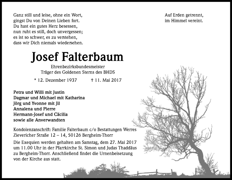  Traueranzeige für Josef Falterbaum vom 20.05.2017 aus Kölner Stadt-Anzeiger / Kölnische Rundschau / Express