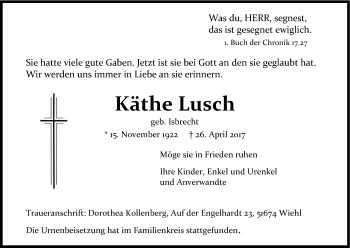 Anzeige von Käthe Lusch von Kölner Stadt-Anzeiger / Kölnische Rundschau / Express
