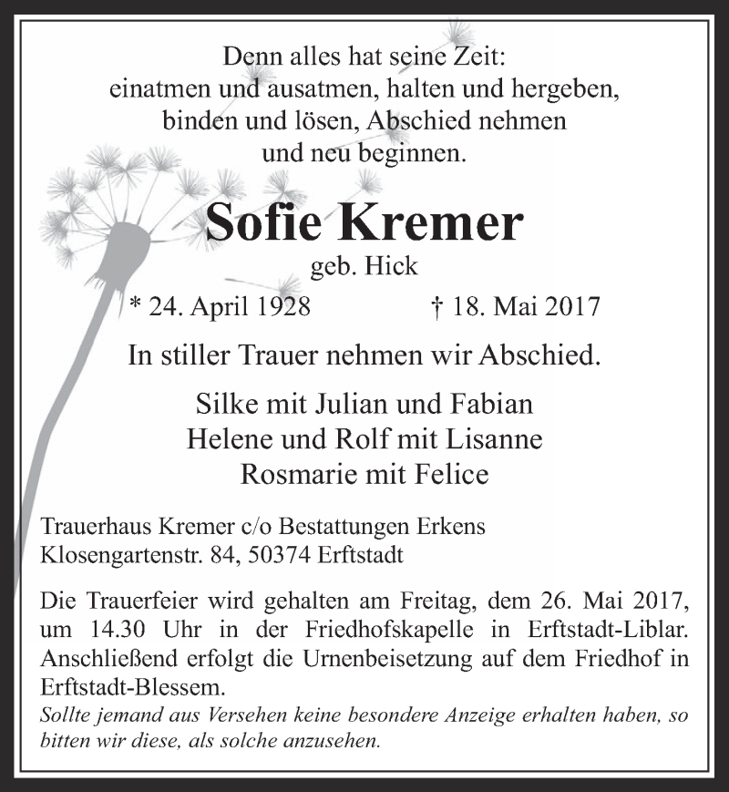  Traueranzeige für Sofie Kremer vom 20.05.2017 aus  Sonntags-Post 