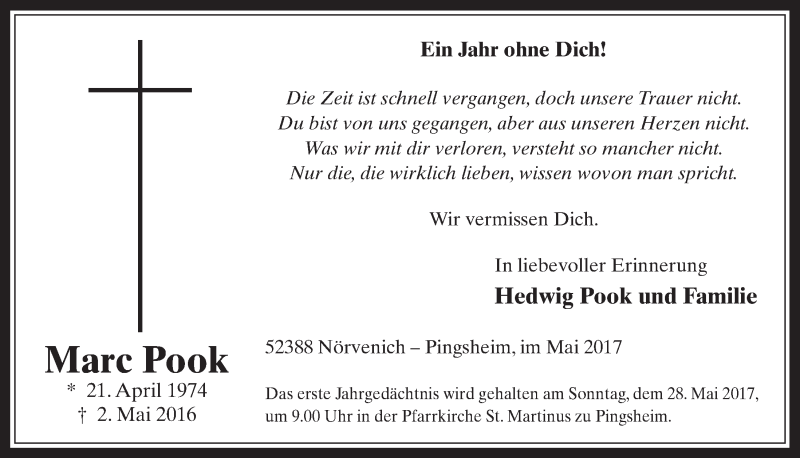  Traueranzeige für Marc Pook vom 24.05.2017 aus  Werbepost 