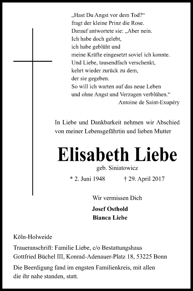  Traueranzeige für Elisabeth Liebe vom 27.05.2017 aus Kölner Stadt-Anzeiger / Kölnische Rundschau / Express
