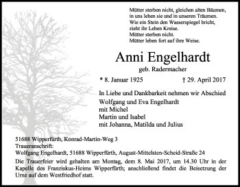 Anzeige von Anni Engelhardt von Kölner Stadt-Anzeiger / Kölnische Rundschau / Express