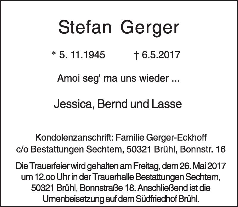 Traueranzeige für Stefan Gerger vom 10.05.2017 aus  Schlossbote/Werbekurier 