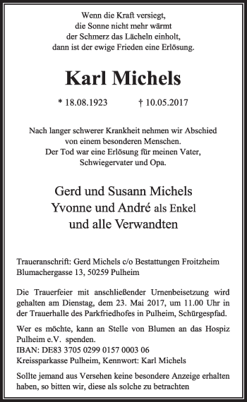 Anzeige von Karl Michels von  Sonntags-Post 