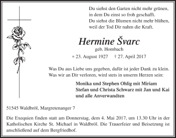 Anzeige von Hermine Švarc von  Lokalanzeiger 
