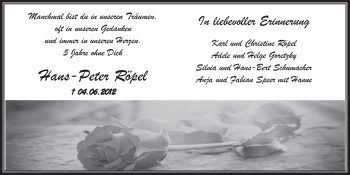 Anzeige von Hans-Peter Röpel von  Wochenende 