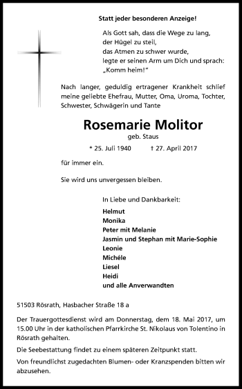 Anzeige von Rosemarie Molitor von Kölner Stadt-Anzeiger / Kölnische Rundschau / Express