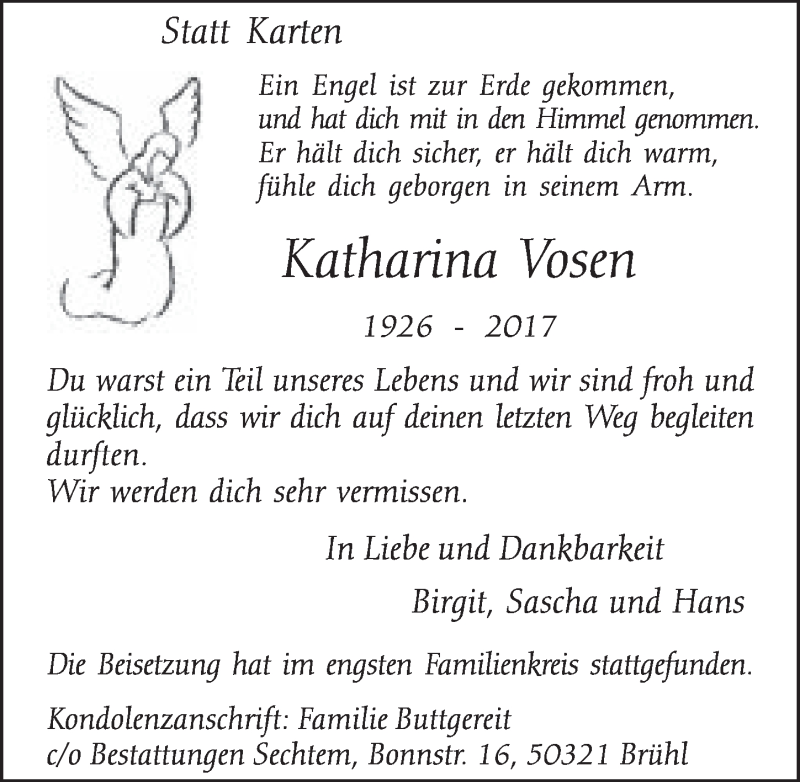  Traueranzeige für Katharina Vosen vom 24.05.2017 aus  Schlossbote/Werbekurier 