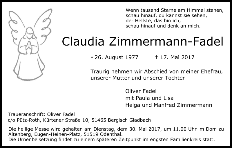  Traueranzeige für Claudia Zimmermann-Fadel vom 24.05.2017 aus Kölner Stadt-Anzeiger / Kölnische Rundschau / Express