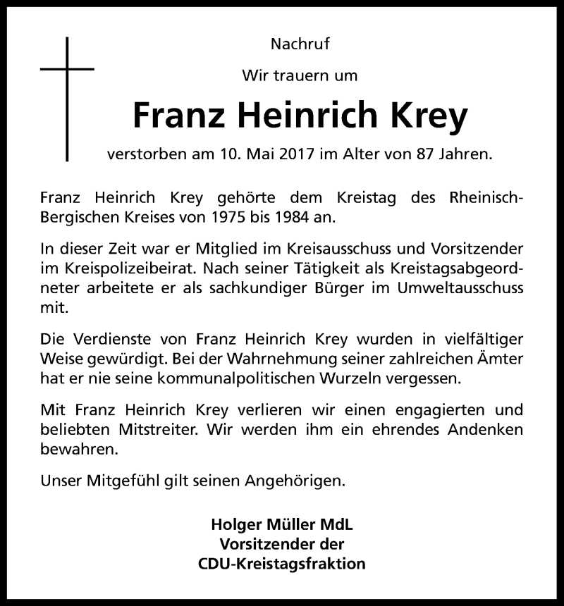  Traueranzeige für Franz Heinrich Krey vom 20.05.2017 aus Kölner Stadt-Anzeiger / Kölnische Rundschau / Express