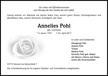 Anzeige von Annelies Pohl von Kölner Stadt-Anzeiger / Kölnische Rundschau / Express