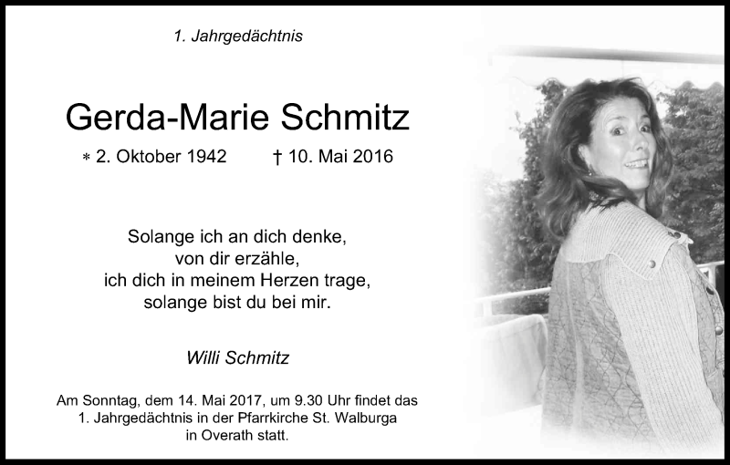  Traueranzeige für Gerda-Marie Schmitz vom 06.05.2017 aus Kölner Stadt-Anzeiger / Kölnische Rundschau / Express