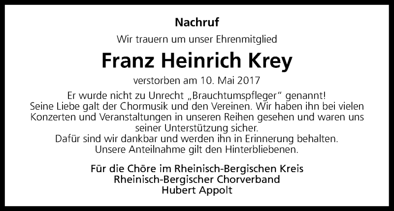  Traueranzeige für Franz Heinrich Krey vom 24.05.2017 aus Kölner Stadt-Anzeiger / Kölnische Rundschau / Express