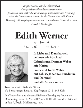 Anzeige von Edith Werner von  Kölner Wochenspiegel 