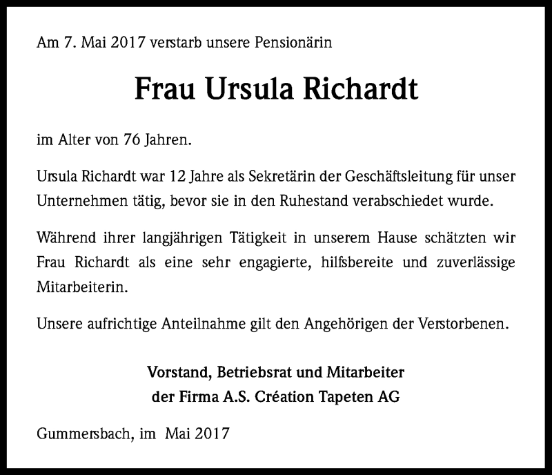  Traueranzeige für Ursula Richardt vom 16.05.2017 aus Kölner Stadt-Anzeiger / Kölnische Rundschau / Express