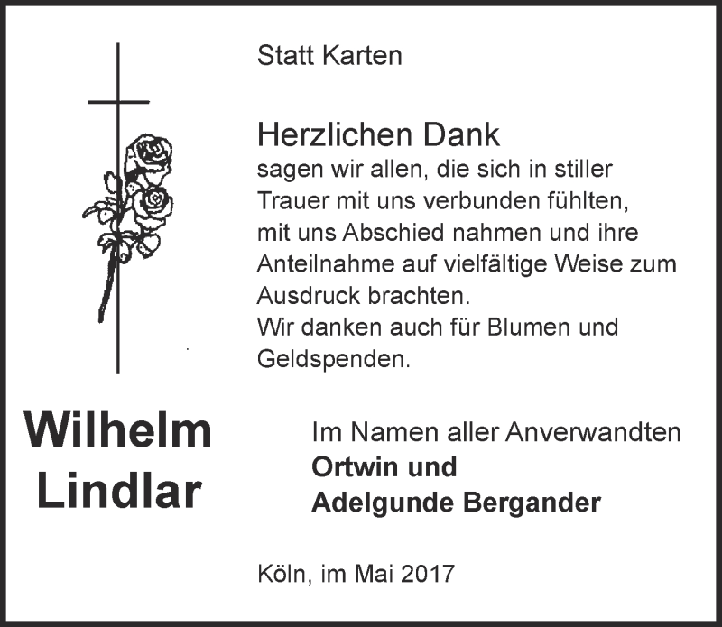  Traueranzeige für Wilhelm Lindlar vom 17.05.2017 aus  Kölner Wochenspiegel 