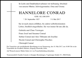 Anzeige von Hannelore Conrad von Kölner Stadt-Anzeiger / Kölnische Rundschau / Express