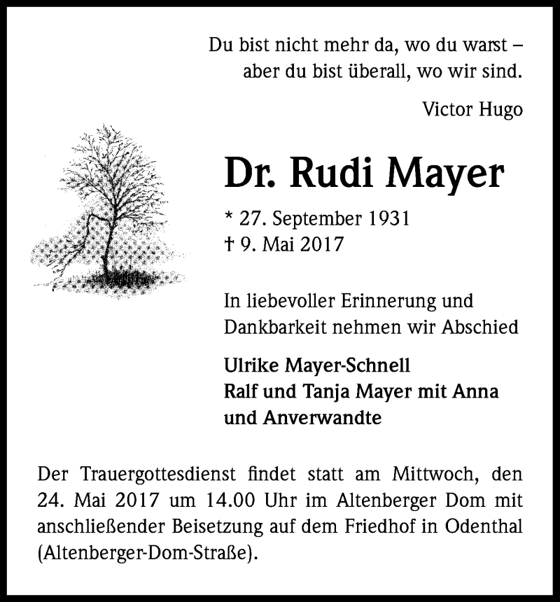  Traueranzeige für Rudi Mayer vom 20.05.2017 aus Kölner Stadt-Anzeiger / Kölnische Rundschau / Express