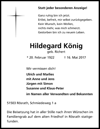 Anzeige von Hildegard König von Kölner Stadt-Anzeiger / Kölnische Rundschau / Express