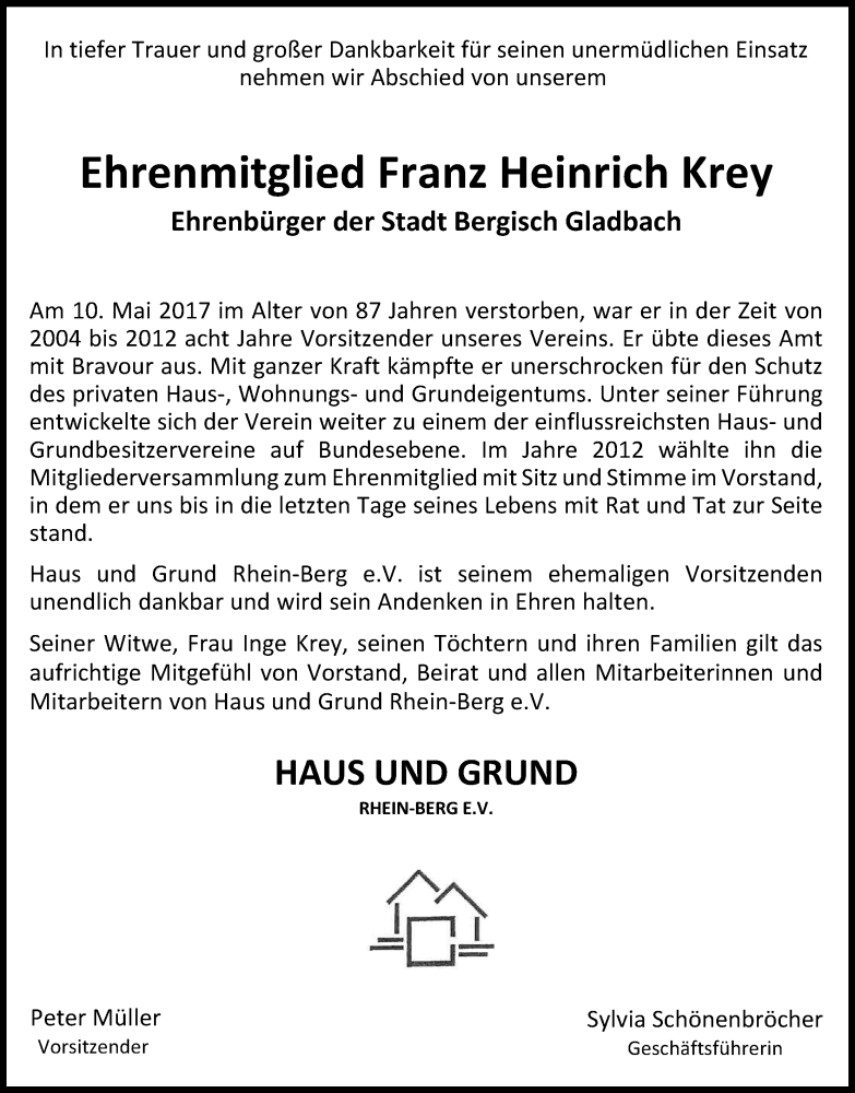  Traueranzeige für Franz Heinrich Krey vom 16.05.2017 aus Kölner Stadt-Anzeiger / Kölnische Rundschau / Express