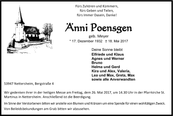 Anzeige von Änni Poensgen von Kölner Stadt-Anzeiger / Kölnische Rundschau / Express